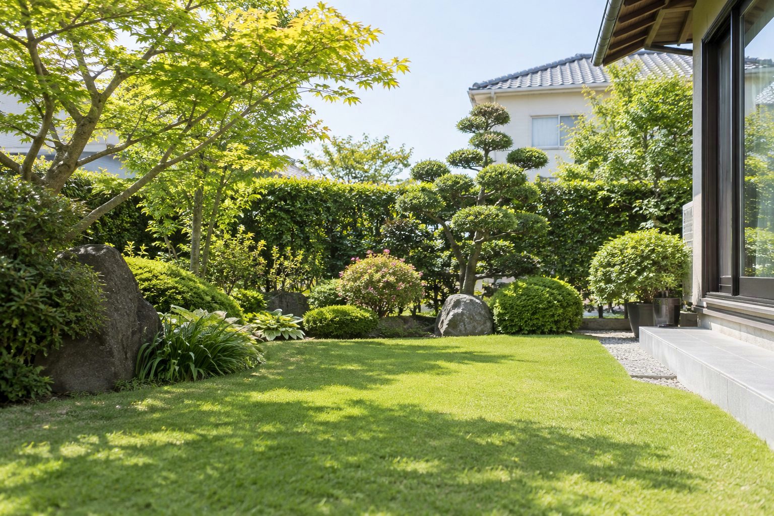 緑の芝生と植木のある庭（イメージ）